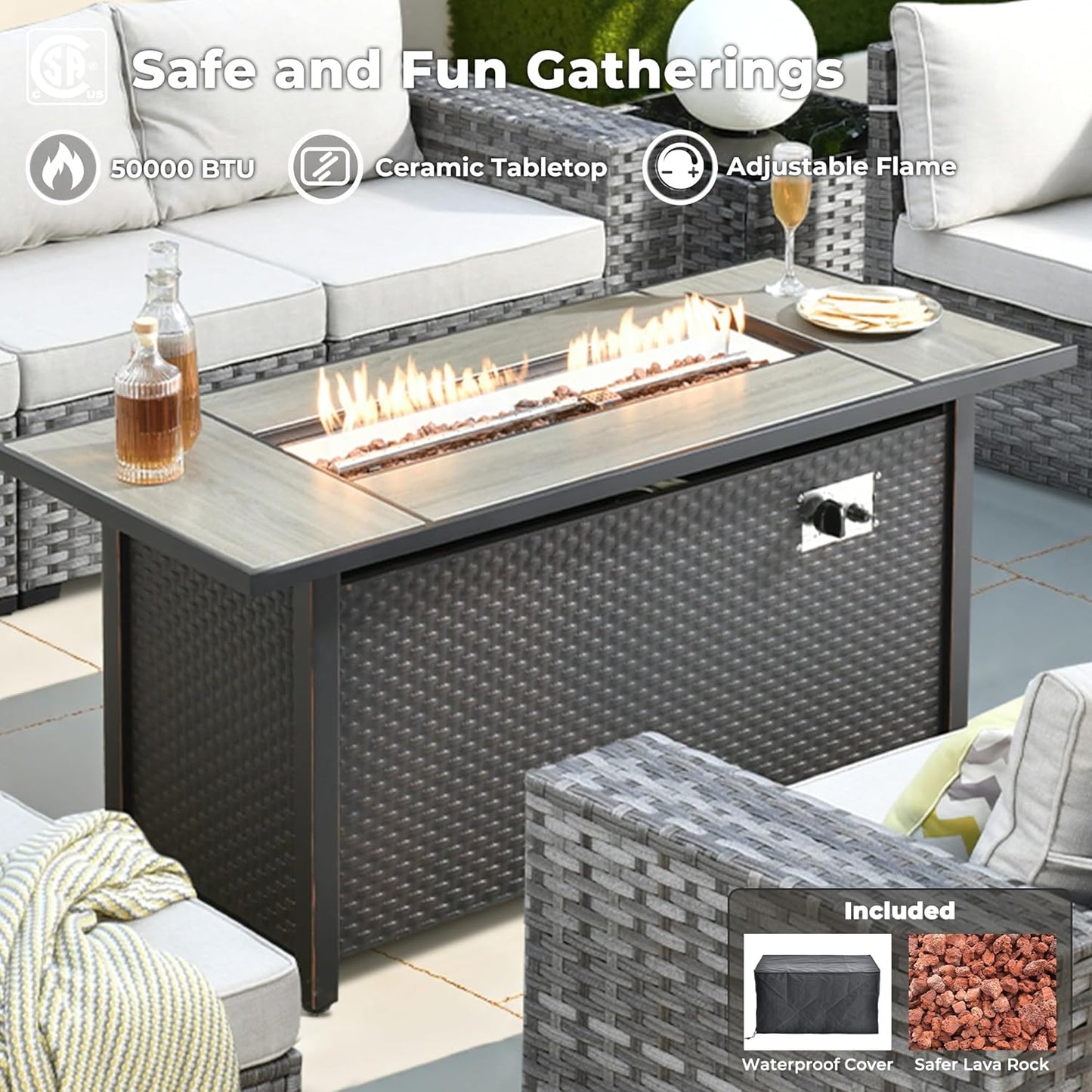 ovios 16 Pieces Patio Furniture Set, Outdoor Wicker Sectional Sofa with 54" Fire Pit Table Swivel Chairs, Modern Modular Deep Seat Rattan Couch Conversation Sets, Beige