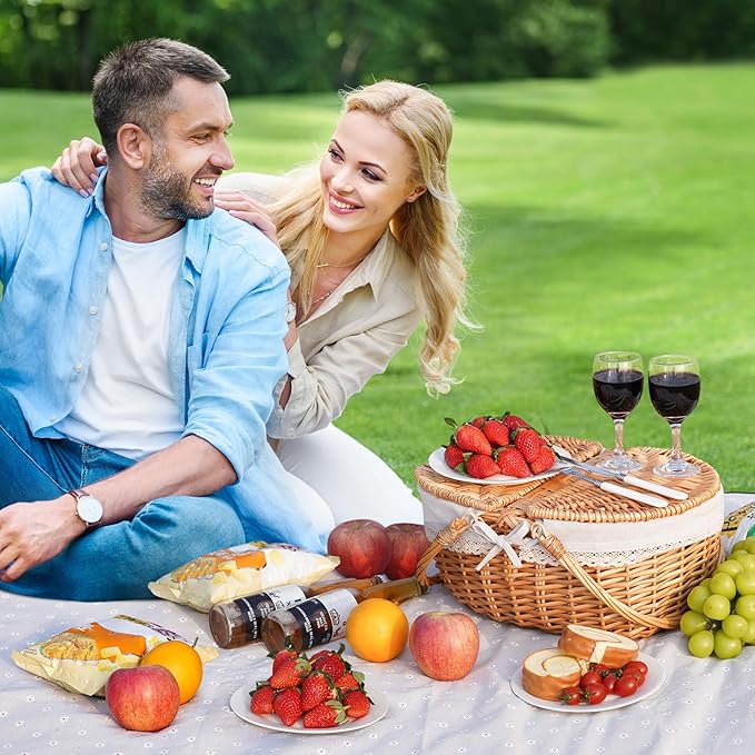 Happypicnic Wicker Picnic Basket with Handle, 15" Large Empty Picnic Basket with Lid & Removable Liner, Vintage Hand Woven Basket for Picnics, Camping, Veg Picking, Mother's Day, Thanksgiving (Solid)