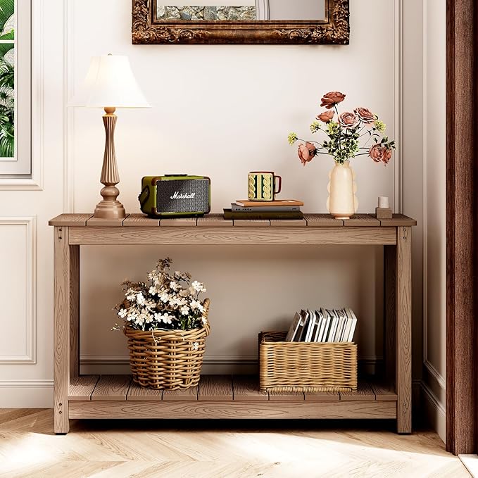 Outdoor Console Table, 48" Weather Resistant HIPS Patio Side Table, 440LBS Weight Capacity, 2-Tier Multifunctional Buffet Bar Storage Organizer for Garden Deck, Teak