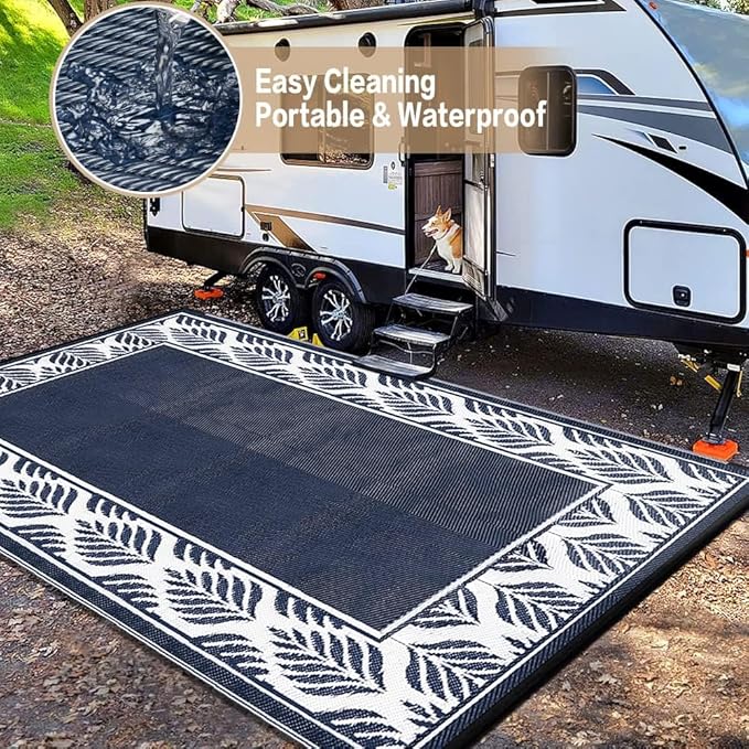 Outdoor Plastic Straw Rug, Waterproof Mat, Washable Large Floor Mat and Rug for Outdoors, RV, Beach, Patio, Camping, Backyard, Deck, Picnic, Outside (5x8ft,Olive-Leaf/Dark Blue&White)