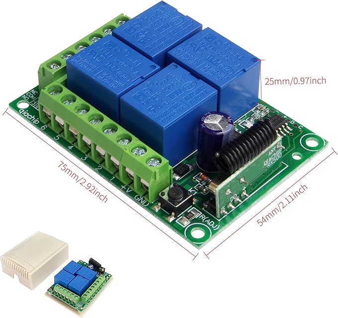 QIACHIP Universal 12V 4CH Wireless Relay Remote Module Switch RF 433Mhz with Remote Control Key Fob 2 Transmitters 1 Receiver for Light Garage Door Electric Gate,Momentary Toggle Latched(KR1204)