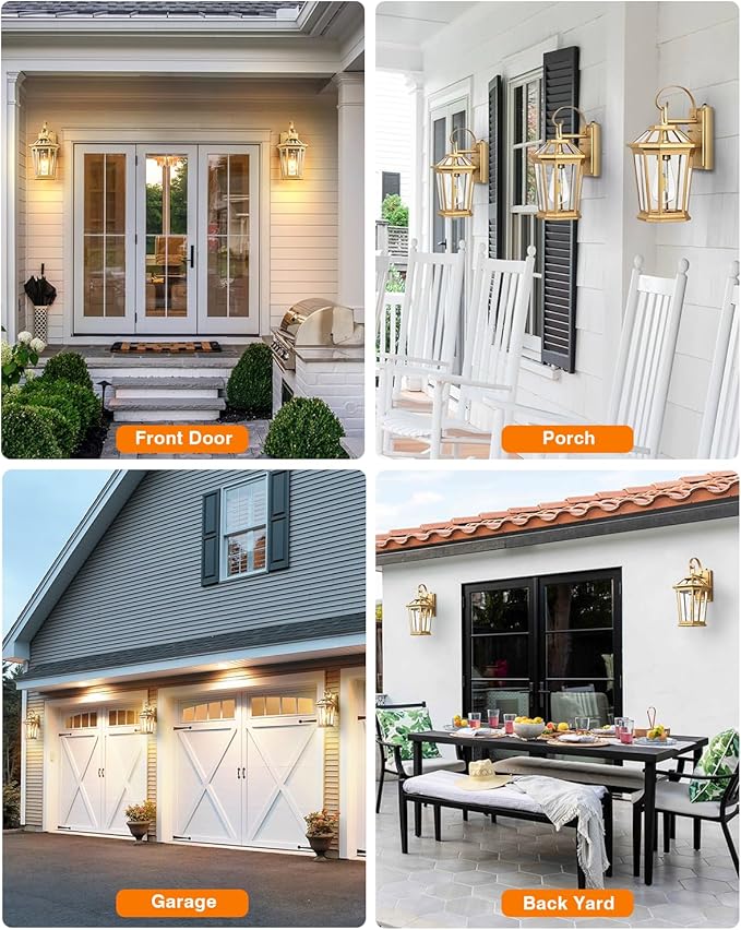 VIANIS Outdoor Porch Lights Wall Mount, Dusk to Dawn Exterior Light Fixture for House, 100% Anti-Rust Aluminum Waterproof Porch Light Outside Wall Lights, Gold Wall Sconce Lanterns for Garage