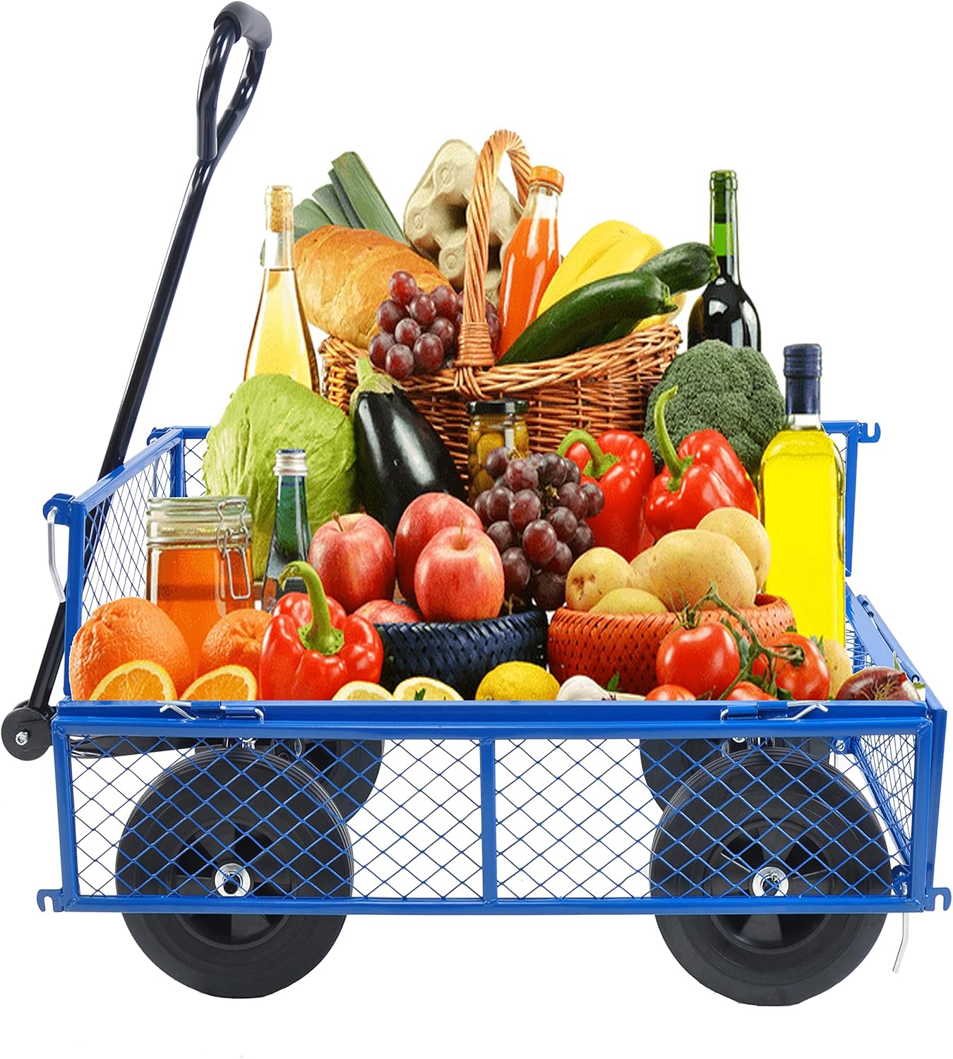 Solid Wheels 10" Flat Free Tires Steel Garden Wagon cart A Large-Capacity mesh with a Load of 1100LBS,with Detachable Side and no Pneumatic Tires,can be Used in Farms,Warehouses,etc.