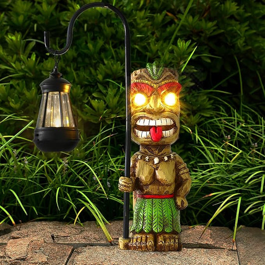 16.7" H Tiki Decor Garden Statue,Large Lantern Tiki Figurine with Solar Lights,Hawaiian Tiki Man Outdoor Patio Yard Lawn Bar Party Beach Pool Pond Halloween Christmas Decoration Ornament Gifts