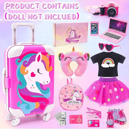 American 18 Inch Doll Accessories Doll Travel Set Including Suitcase Luggage and Dress, Camera Computer Phone Neck Pillow Sunglasses Dolls Travel Gear Play Set Gift for Birthday (NO Doll)