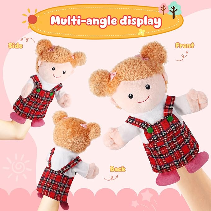 1 Pcs Family Hand Puppets 13 Inch Grandparents, Mom & Dad, Brother & Sister Plush Hand Puppet Toys Role-Play Toy Puppets for Kids Storytelling Imaginative Pretend Play Teaching Preschool(Sister A)