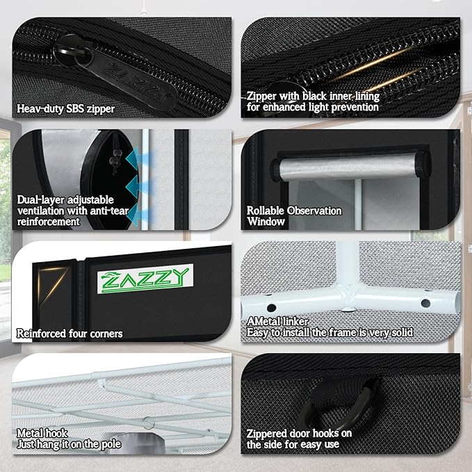 zazzy Growing Tent, 120"x120"x78" Grow Tent High Reflective Mylar with Observation Window and Removable Floor Tray for Hydroponics Indoor Plant Growing 10x10