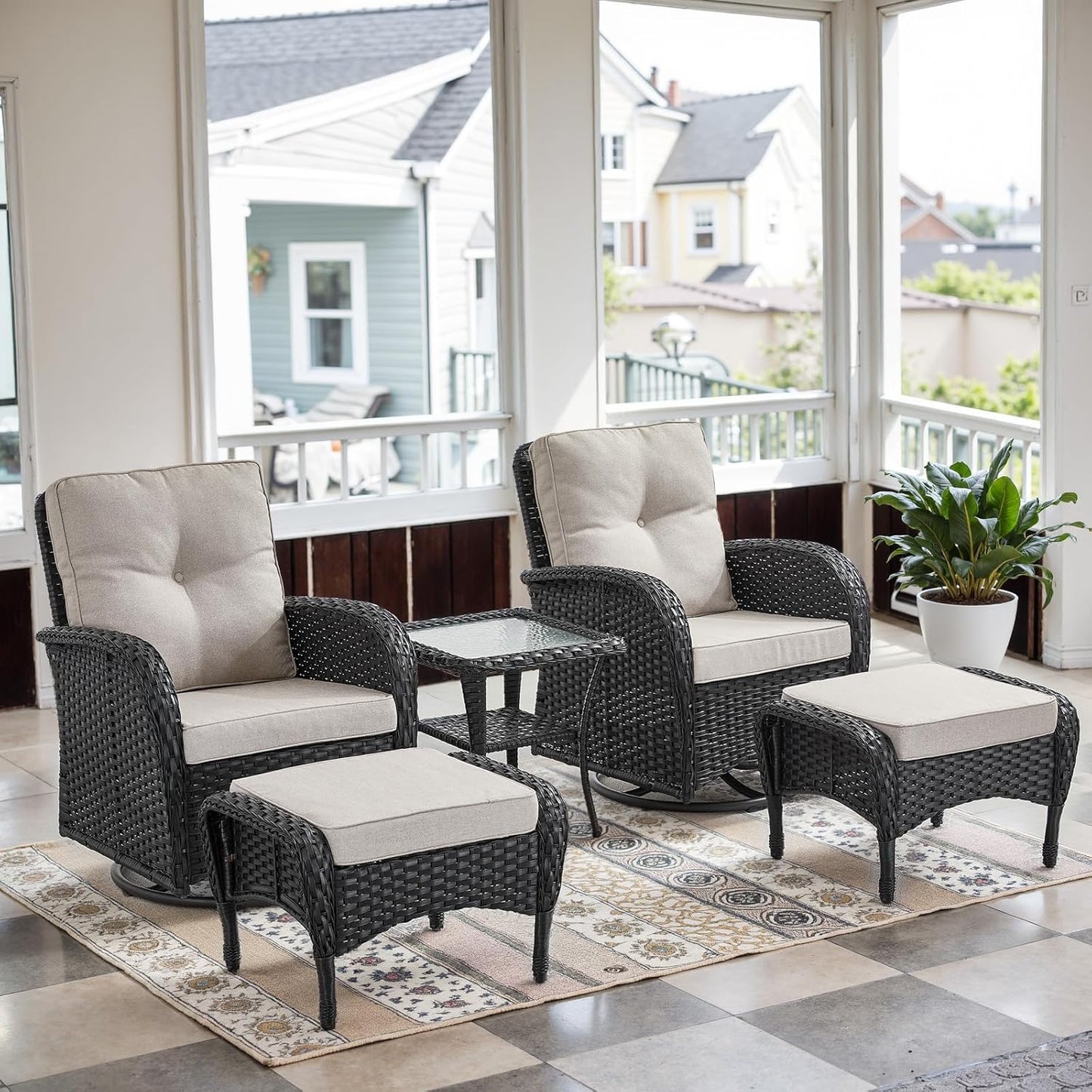 5 Pieces Wicker Patio Furniture Set - Swivel Rocker Outdoor Chairs with Ottomans and Side Table, Small Patio Conversation Set for Deck Porch Backyard Black