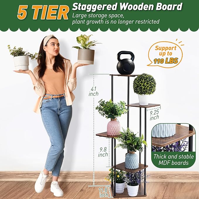 Dreyoo Plant Stand with Grow Light Indoor, 5 Tier 5 Potted Sturdy Metal Plant Shelf, Multiple Plant Holder Tall Plant Ladder for Display Plant Flower Corner Living Room Office (Black, Brown)