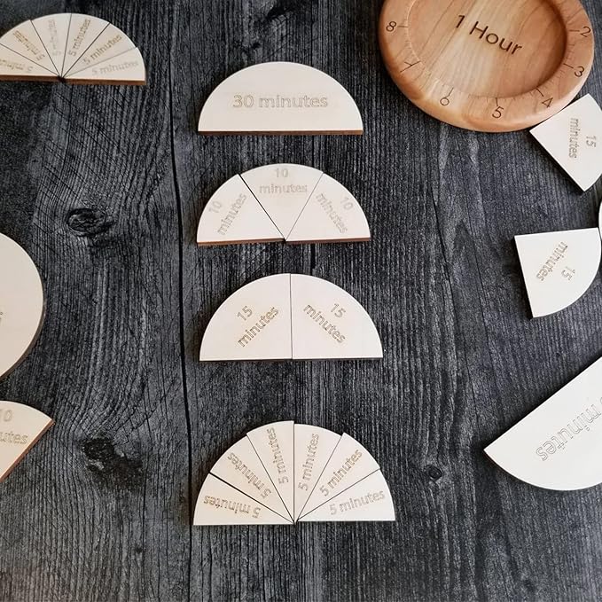 Wooden Time Fraction Learning Clock, Cognitive Education Puzzle Toys for Children Learning to Tell Time Set Up for an Hour (Wood)