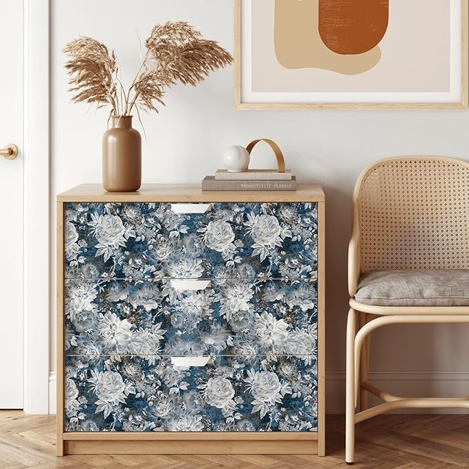 Vintage Garden Peel & Stick Floral Wallpaper - Removable White/Blue Vinyl Self Adhesive Mural - 17.7in x 19.68ft
