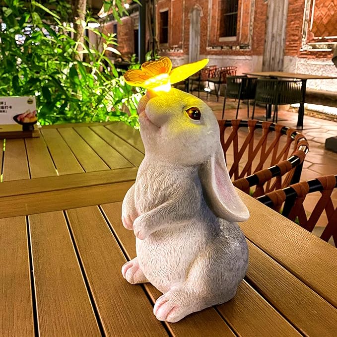 Solar Rabbit Statue Easter Bunny Decor Garden Statue for Outside, Rabbit with Butterfly Patio Sculptures Lawn Ornament, Funny Gifts for Women Mom Grandma Spring Outdoor Decor