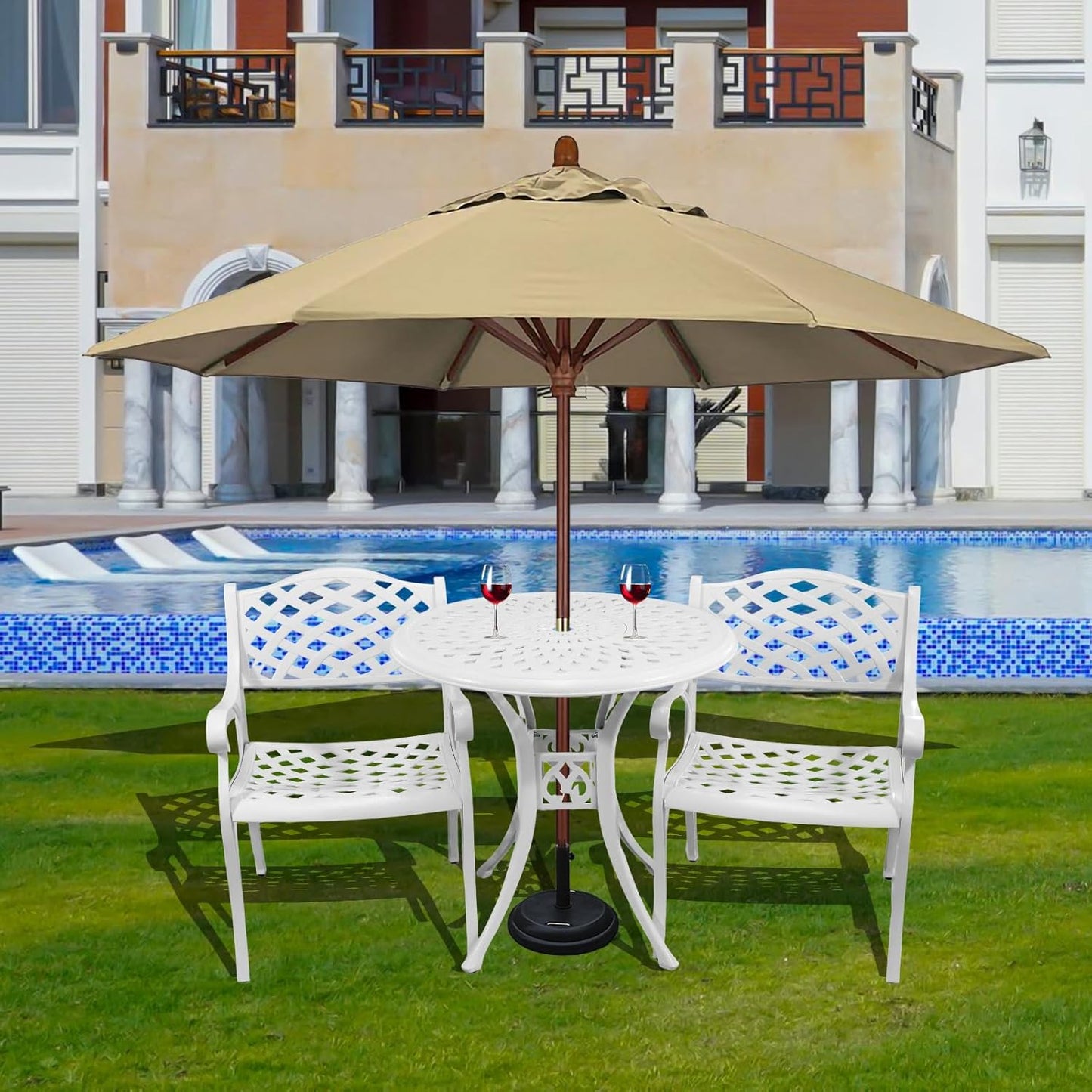 Outdoor Patio Table and Chairs Patio Dining Furniture Set Cast Aluminum Outdoor Table and Bistro Chairs for Garden (White, 3 Piece Round Table Set)