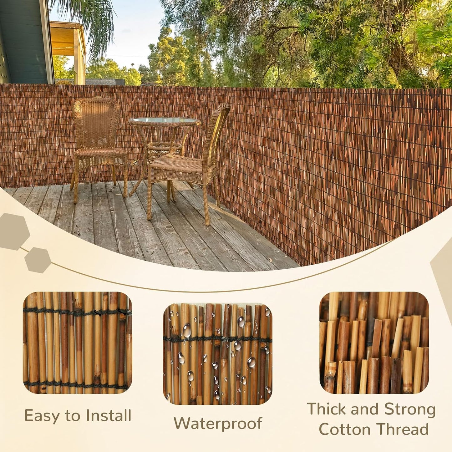 Brown 2 Pack 4FT X 16.4FT Reed Fencing Roll, Balcony Privacy Shade Reed Bamboo Fencing Garden Fence Border, Wind Block Sunshade Fence Screen for Outdoor Yard Patio Flower Bed Edge