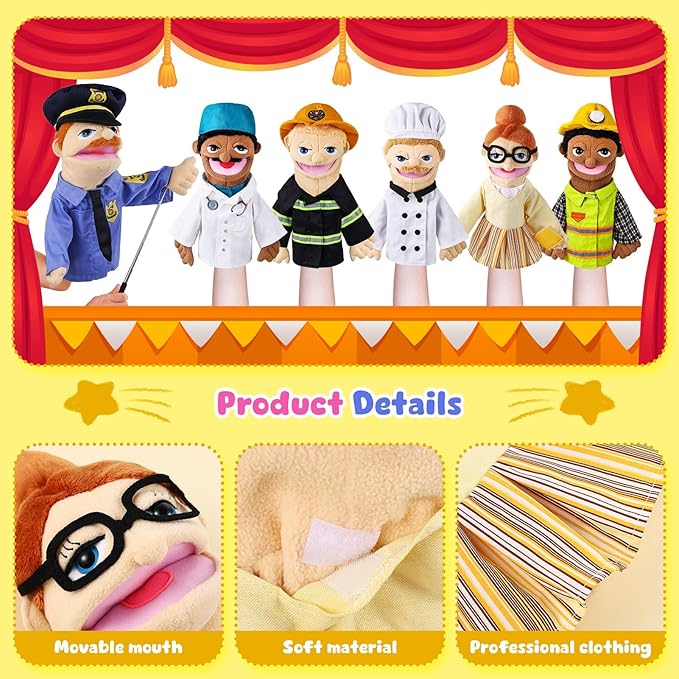 6 Pcs Role Play Hand Puppets Profession Worker Entrepreneur Plush Toys Role-Play Toy Puppets for Kids Storytelling Imaginative Pretend Play Teaching Preschool(Essential Workers)