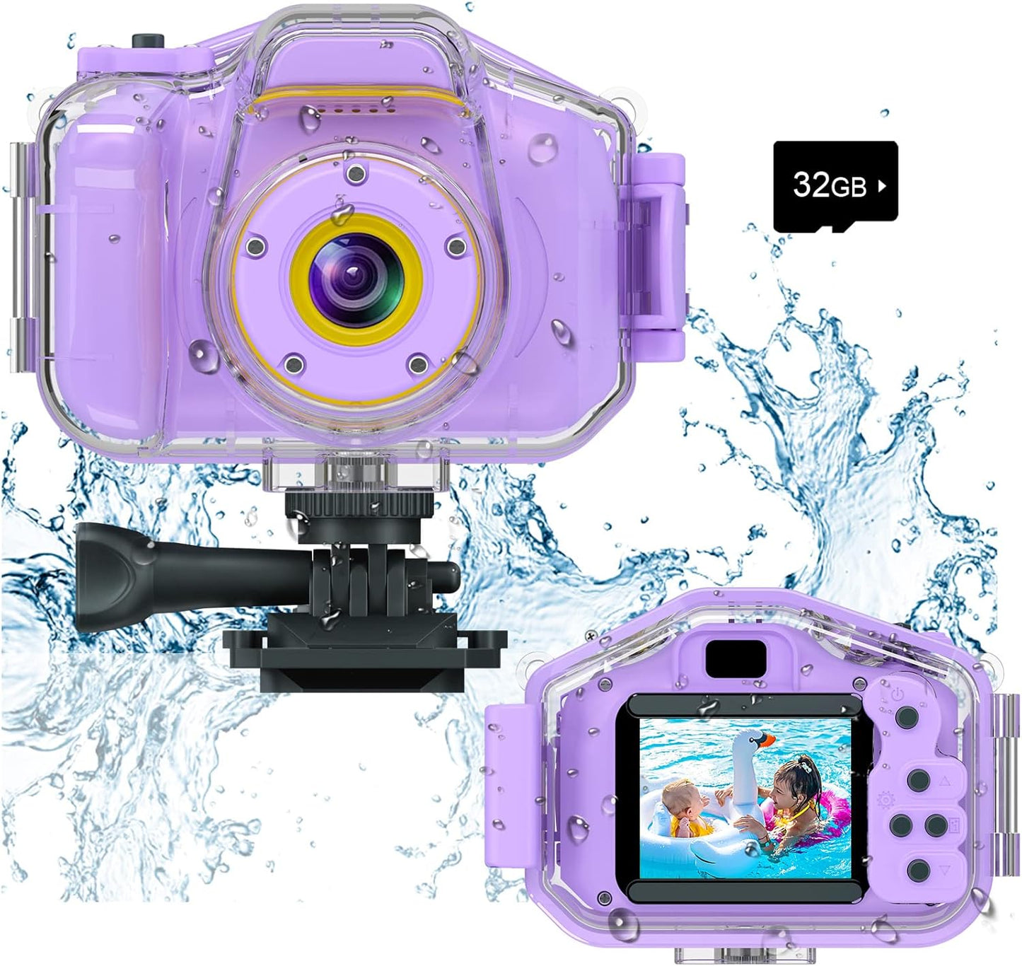 Agoigo Kids Waterproof Camera - Children Underwater HD Video Digital Camcorder, Portable Travel Toy for Toddler - Ideal Christmas Birthday Gifts for Boys Girls Age 3-12 with 32GB Card (Purple)