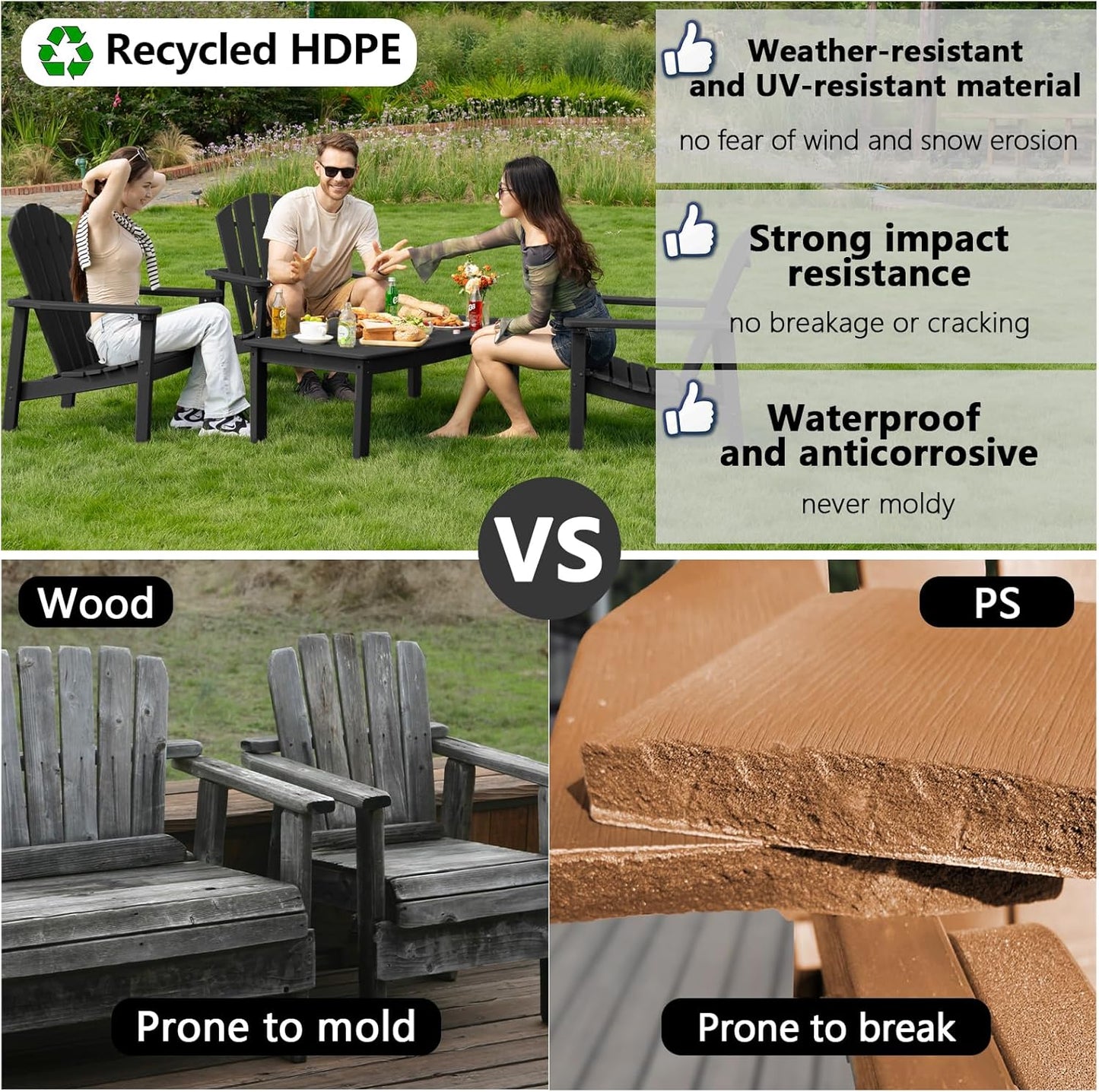 Stackable Adirondack Chair Set of 4, HDPE Outdoor Patio Chair - Durable and Space Saving, Suitable for Porches, Lawns or Garden, Black
