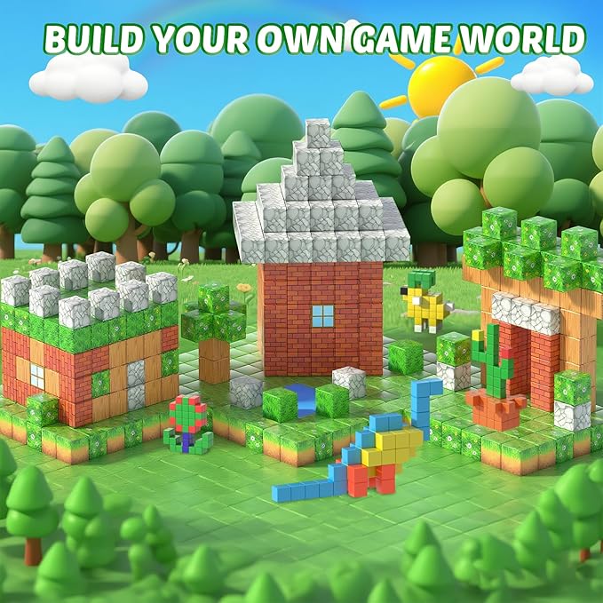 Magnetic Blocks - 157PCS Magnetic Building Blocks Set, 1 Inch Magnet Cubes Build Mine Forest World Stacking Toy for Kids, STEM Sensory Construction Toys, Christmas Birthday Gifts for Boys Girls Age 3+