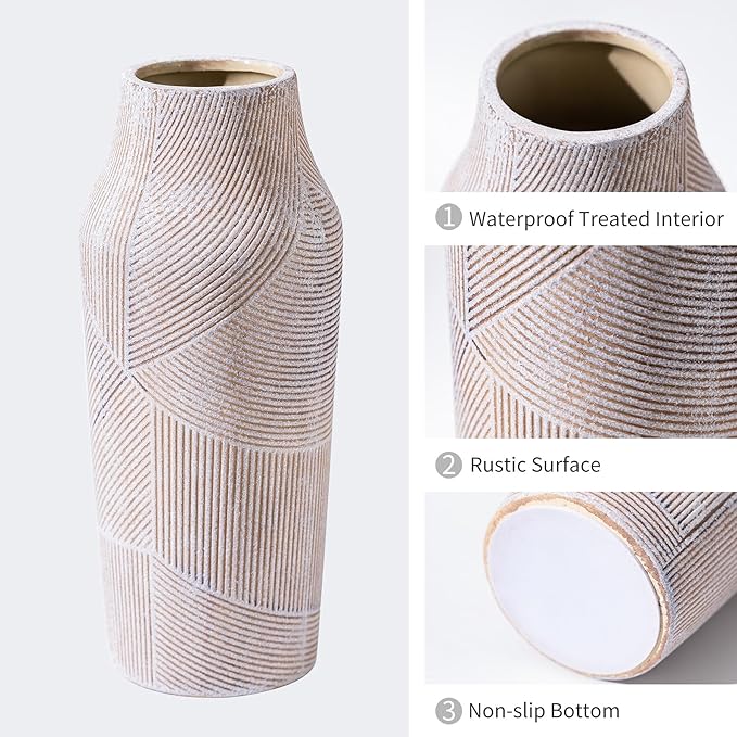 Vintage Ceramic Flower Vase, Terracotta Farmhouse Decorative Rustic Stone Clay Floral Vase, Concrete Grey Home Decor for Living Room, Entryway, Kitchen, Bedroom, Bathroom and Shelf 9.6 Inch