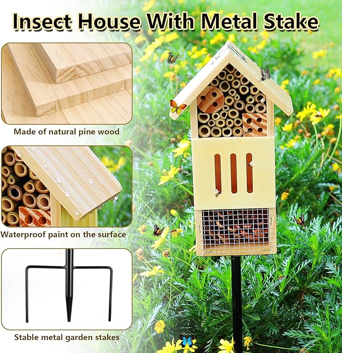 Wooden Insect House, Bee House with Metal Stake for Gardens, Insect Hotel & Butterfly Hotel on The Ground or Hanging on Tree Wall, Natural Insect Habitat for Bee, Butterfly, Ladybirds, Bugs