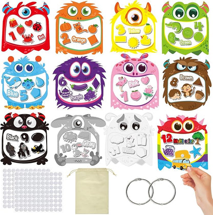 Cinrobiye 12 Sets Color Sorting Felt Board，Montessori Monster Matching Game Preschool Matching Activities for Home School Autism Activities Calm Down Gift