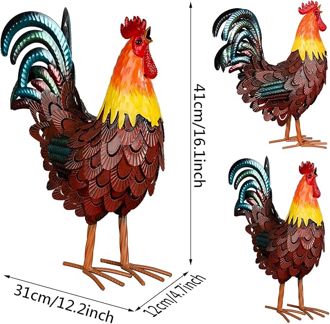 XONOR Metal Rooster Statues, Garden Chicken Decorations, Outdoor Chicken Sculpture, Metal Yard Rooster Artwork for Outdoor, Patio, Backyard and Home Kitchen Decoration (1pc, Red Brown)