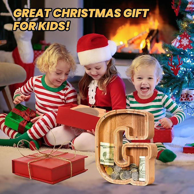 KMC Wooden Letter Piggy Bank, Personalized Initial Piggy Bank for Kids Boys, Clear Alphabet G Wood Money Box, Unbreakable Coin Saving Jar, Birthday, for Children
