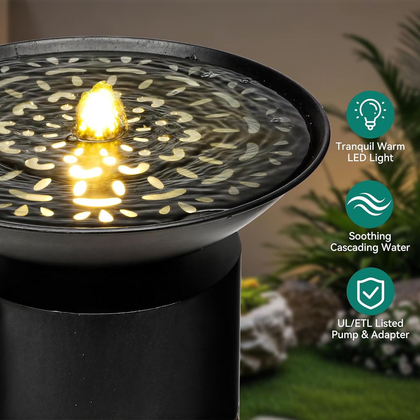 31.5" H Metal Cutout Geometric Patterns Outdoor Water Fountain with LED Lights, 2-Tier Modern Pedestal Waterfall Fountains, Ideal for Garden, Yard, Patio Décor