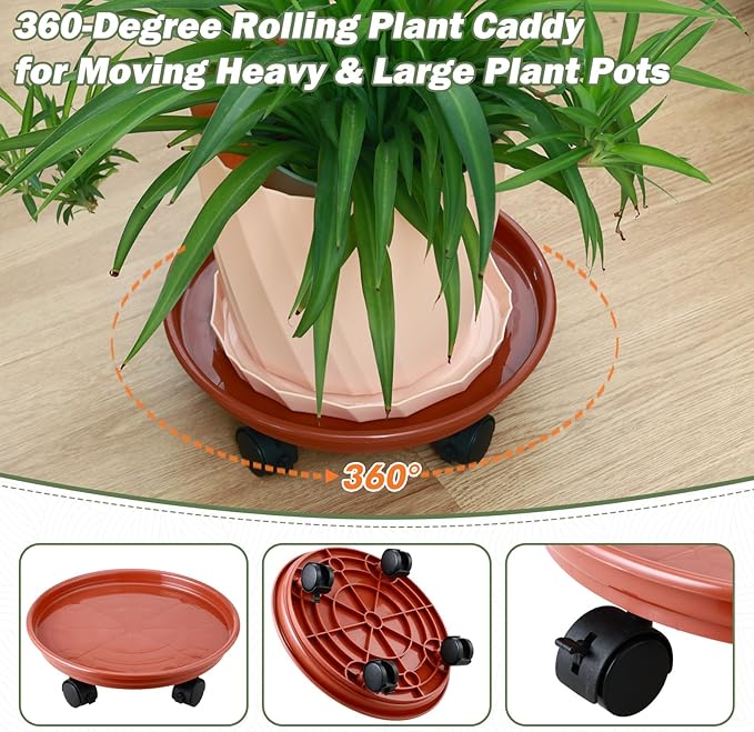 8 Packs Plant Caddy with Wheels 11.8" Plastic Rolling Plant Stands Heavy-Duty Plant Dolly with Casters Indoor and Outdoor Plant Roller Base Large Heavy Plant Pot Saucers with Wheels, Rust Red