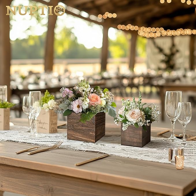 NUPTIO Wooden Box for Centerpiece Wedding: 6 Pcs Rustic Square Planter Box for Christmas Centerpiece Table Fall Decorations - 4×4" & 5×5" Small Wood Vases Flower Pots for Windowsill Home Garden Decor