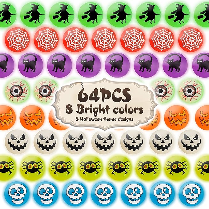 64pcs Glow in The Dark Bouncing Balls,8 Halloween Theme Designs Bouncy Toys Balls, Halloween Party Favors Supplies, Trick or Treating Goodie, Halloween Miniatures,School Classroom Game Rewards
