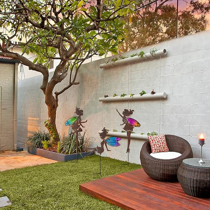 Metal Fairy Garden Stakes Decor,Charming Fairy with Colorful Wing Metal Stakes,Yard Art,Garden Outdoor Lawn Pathway Patio Ornaments,Outdoor Decor,Garden Decor