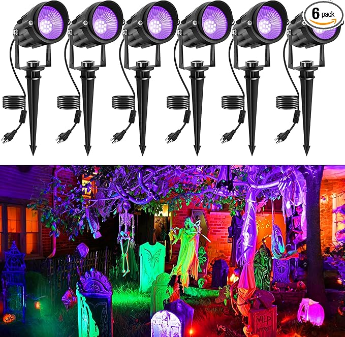 Outdoor Black Light Spotlight, LED Black Lights Waterproof Landscape Lighting with US Plug for Glow Party Body Paint Fluorescent Poster Stage Lighting Yard Garden Halloween Decoration(6 Pack)