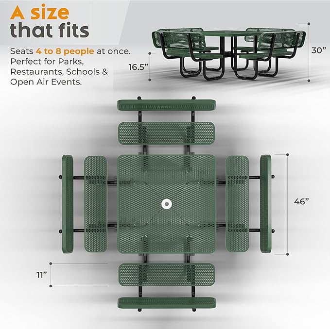 Metal Picnic Tables for Outdoors with Umbrella Hole - Coated Steel Heavy Duty Commercial Grade Table with Adjustable Seats (Green, 46 in, Square with Back, Expanded Steel)