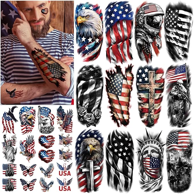 77 Sheets Independence Day Temporary Tattoo for Women Men, 17 Half Arm 4th of July Fake Tattoos, 60 Tiny American Flag Eagle Dog Cat Cow Memorial Labor Day Patriotic Body Tattoos