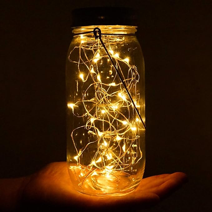 Solar Mason Jar Lights 30 Led,6 Pack Large-Size Solar Hanging Glass Jar Starry Fairy Lights,Solar Lanterns for Outdoor Patio Party Garden Decor Lights (Jars and Handles Included)