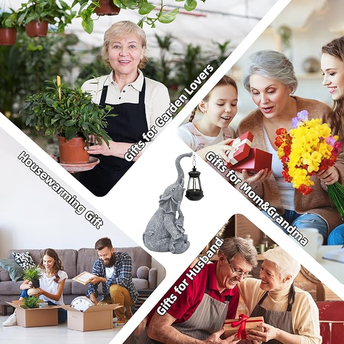 Solar Garden Elephant Statue Outdoor Decor, Cute Elephant Figurines Waterproof Garden Decor with Solar Lantern, Small Elephant Decor for Garden Yard Art Lawn Porch, Garden Gifts for Women (Elephant)