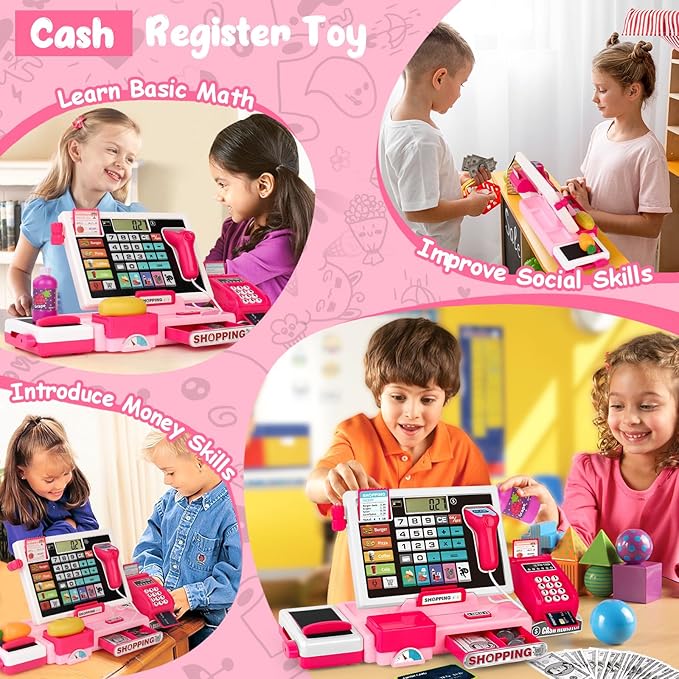 Kids Cash Register Toy Playset, Toddler Prentend Play Store with Real Calculator Cash Register with Scanner/Credit Card/Play Money/Food, Learning Toys for Boys Girls Toddlers(Pink)