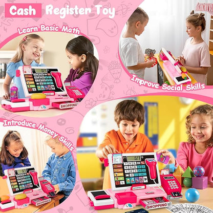 Kids Cash Register Toy Playset, Toddler Prentend Play Store with Real Calculator Cash Register with Scanner/Credit Card/Play Money/Food, Learning Toys for Boys Girls Toddlers(Pink)