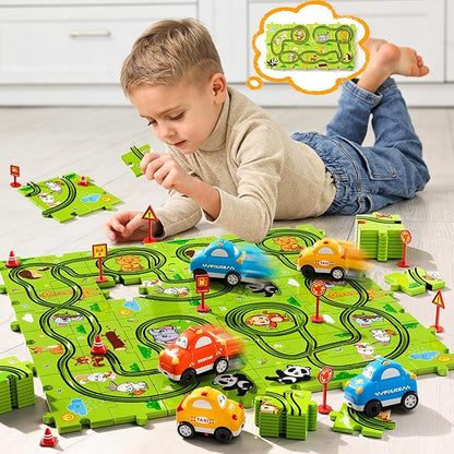 64PCS Puzzle Race Track Car Set for Kids Boys, Floor Puzzle Tracks Car Toys for Boys Girls Ages 3-5 4-6, Toddler Toys Gifts for 3 4 5 Year Old, Ideal 3 4 5 6 Year Old Birthday Gifts