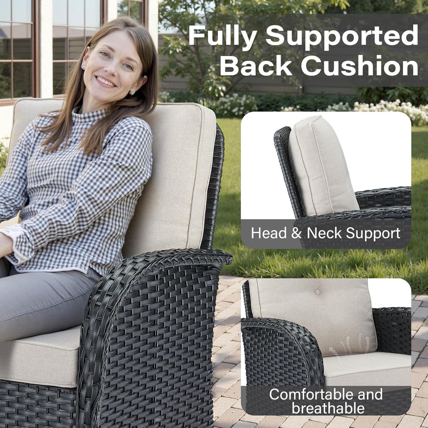 5 Piece Outdoor Patio Furniture Set with 50000 BTU Propane Fire Pit Table, Deep Seating Wicker Swivel Rocker Chairs and Loveseat Glider Patio Conversation Set for Poolside Deck Backyard Black