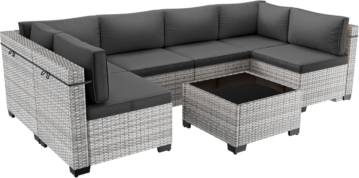 7-Piece Patio Furniture Set, Outdoor Sectional with Thick Cushions, Modular Patio Sofa, Dual-Strand Wicker Rattan, Rust-Resistant Frame, Backyard Furniture for Garden, Deck, Dark Black