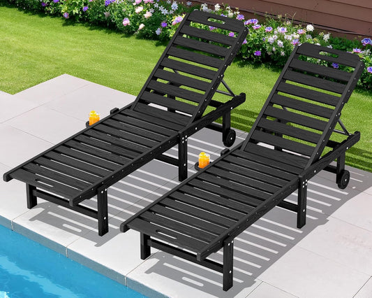 SERWALL Patio Lounge Chair Set of 2, HDPE Outdoor Lounger with Cup Holder, 5 Positions Adjustable Pool Lounger with Rolling Wheels for Poolside, Black