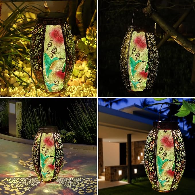 Solar Lanterns Outdoor Hanging Light - Solar Powered Hummingbird Glass LED Lights Decorative Waterproof Tabletop Lamp with Hollowed-Out Design for Indoor Yard Table Patio Garden Pathway Holiday