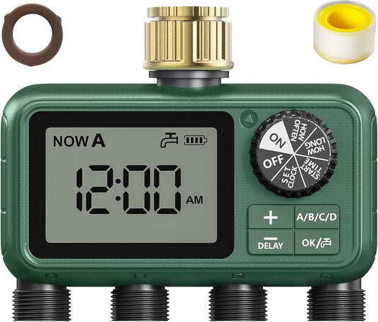 4 Zone Sprinkler Timer with Brass Inlet,Programmable Water Timer for Garden Hose with Rain Delay, Manual& Automatic Watering System,Programmable Digital for Lawn Yard,4 Zone