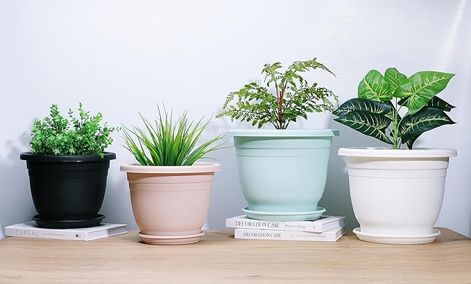 5 Packs 10 inch Plant Pots + Saucer, Planters for Indoor & Outdoor Plants with Drainage Holes | Plastic Flower Pots, Large Planter (Black, 10 inch)