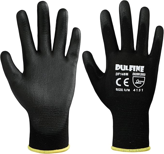 DULFINE Ultra-Thin PU Coated Work Gloves-12 Pairs,Excellent Grip,Nylon Shell Black Polyurethane Coated Safety Work Gloves, Knit Wrist Cuff,Ideal for Light Duty Work. (XX-Large)