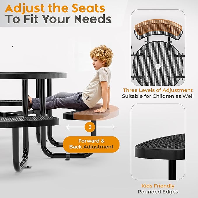 Metal Picnic Tables for Outdoors with Umbrella Hole - Coated Steel Heavy Duty Commercial Grade Table with Adjustable Seats (Black, 46 in, Round, Expanded Steel)