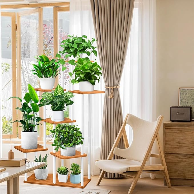 7 Tier Wood Tall Plant Stand Metal Rack Indoor, Multiple Flower Pot Holder Shelves Corner Rack, Planter Shelf Display Rack Storage Organizer for Patio Living Room Balcony Garden(White)