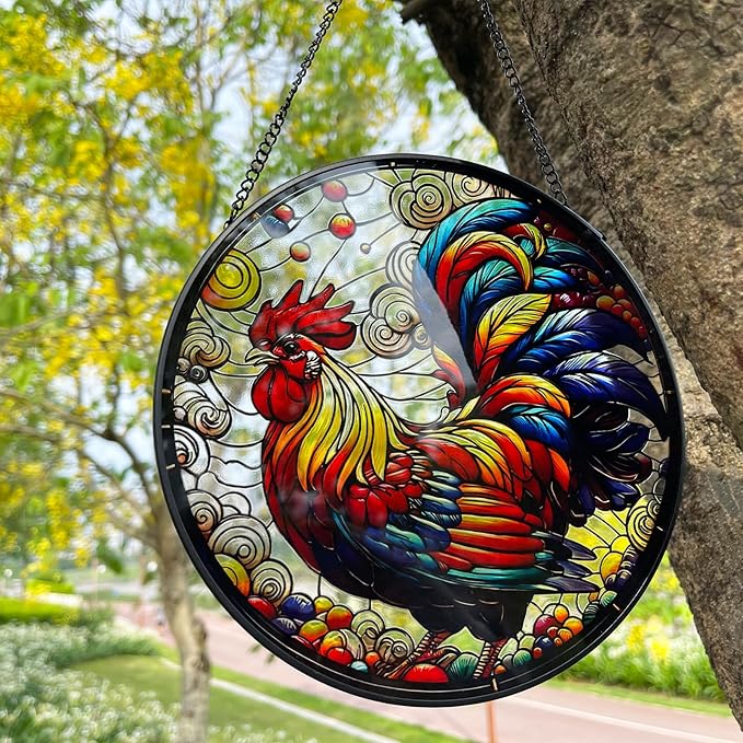 RIVEENY Rooster Glass Window Hangings, 8" Rooster Sun Catcher Stained Glass Window Panels, Wall Art Stained Panel Hangings Gift for Home Garden Ornament (Roosters)